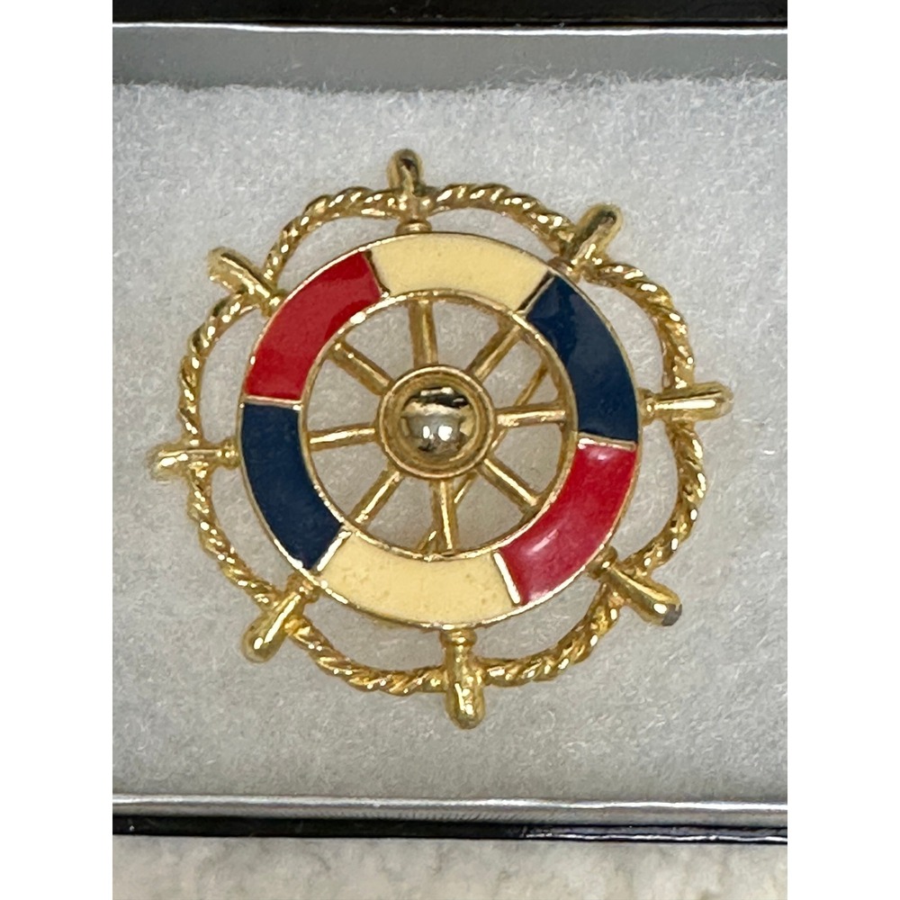 Unbranded Brooch Nautical Ships Wheel Gold Tone Red Navy Enamel Pin